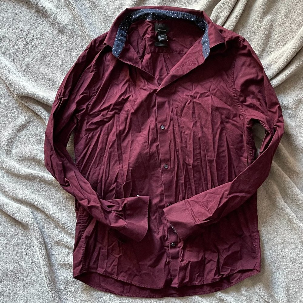 H&M Maroon Long Sleeve button Up with Blue Accents